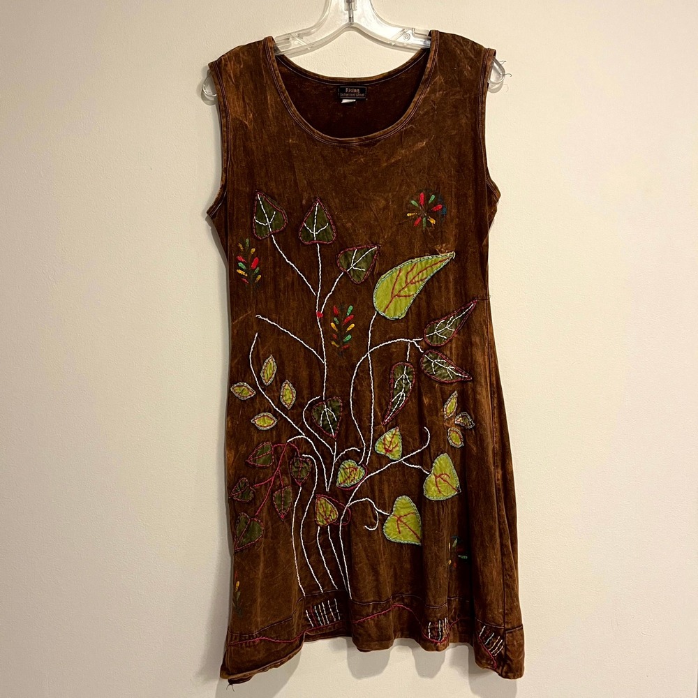 Rising International Dress Brown Boho Embroidered Leaf Acid Wash Womens XL